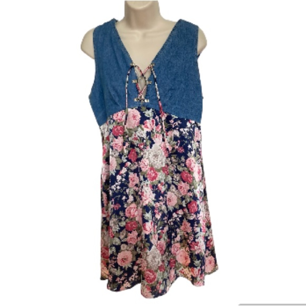 Denim with Flowers Floral Skirt Pink Blue Green Midi Dress Large